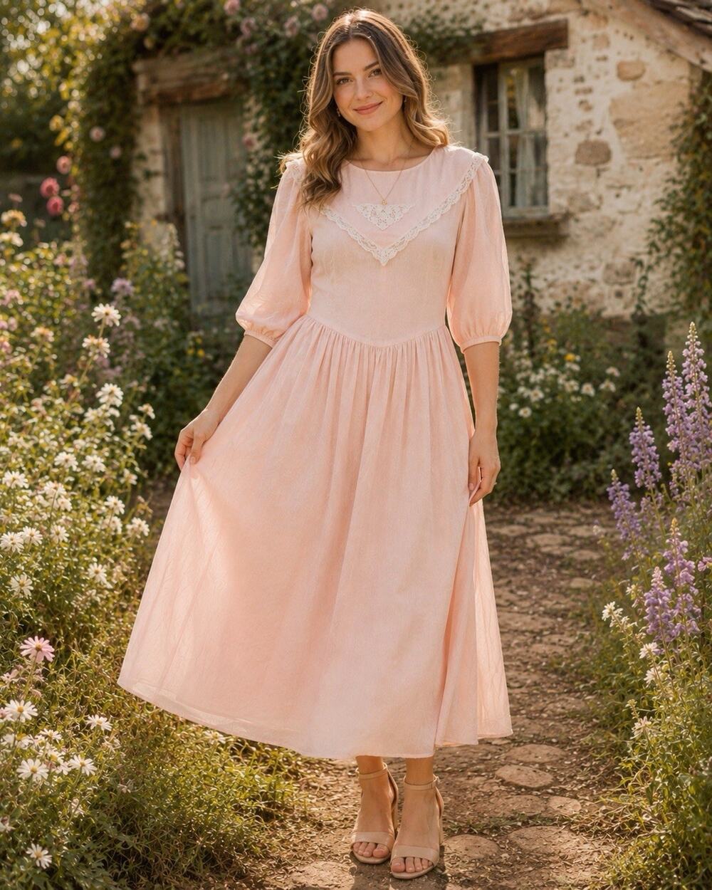 Vintage Blush Pink Prairie Midi Dress Lace Trim Collar Cottagecore Lady Dorby 18